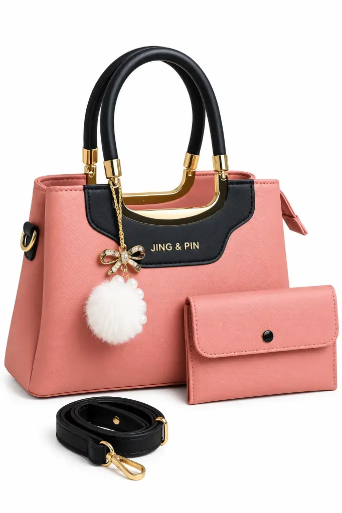 Pink Rexine Handbag Set with Detachable Strap Eight More colors