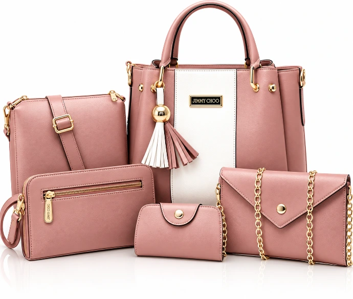 Women's Pink Rexine Handbag Set 5 Pcs