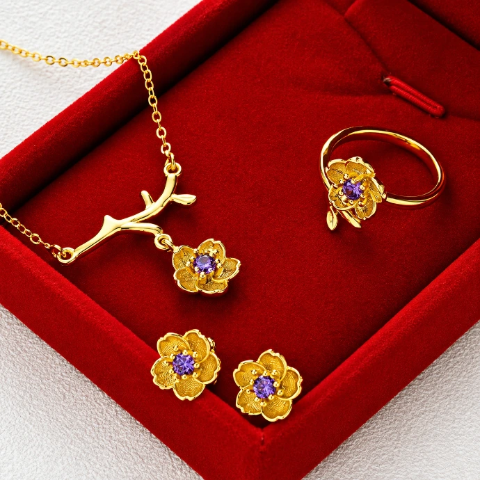 Women Gold-Plated Daisy Jewelry Set Necklace Ring Earrings