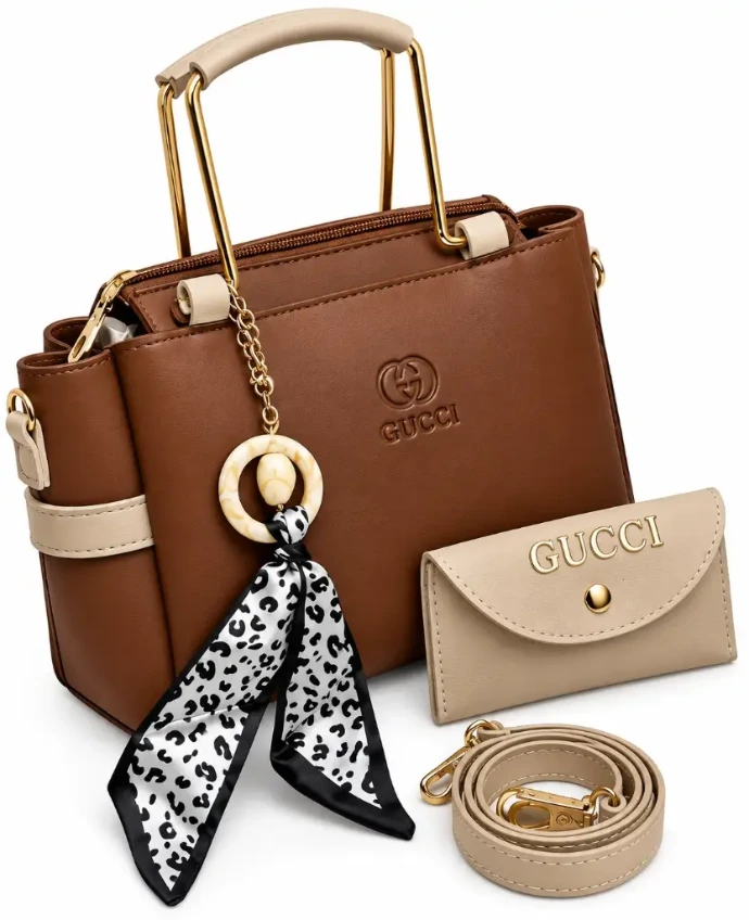 Brown Designer Style 5-Piece Handbag Set with Matching Wallet & Scarf Charm