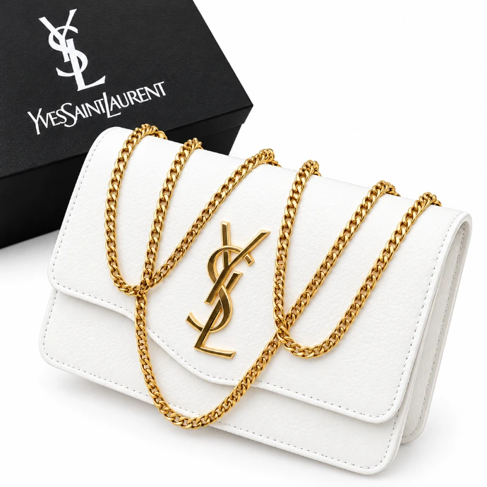 White YSL Logo Crossbody Bag with Gold Chain Strap