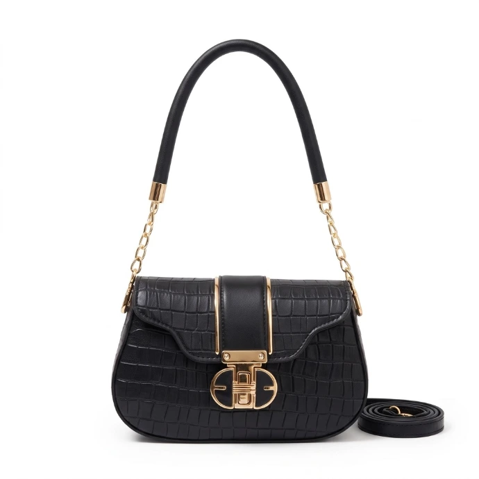 Black Cuff Strap Handbag for Girls with Gold Clasp
