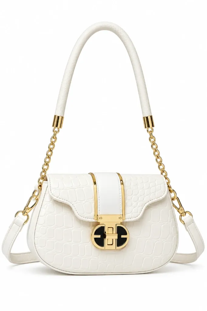 White Cuff Strap Handbag for Girls with Gold Clasp
